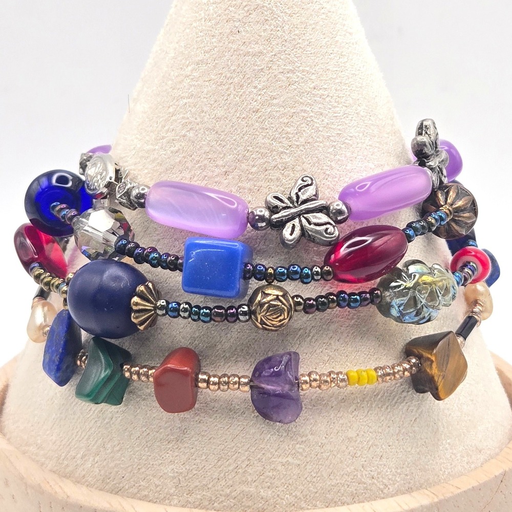 Set of 3 Beaded Bracelets Butterfly Charms Natural Stone Chips Glass Beads Multi